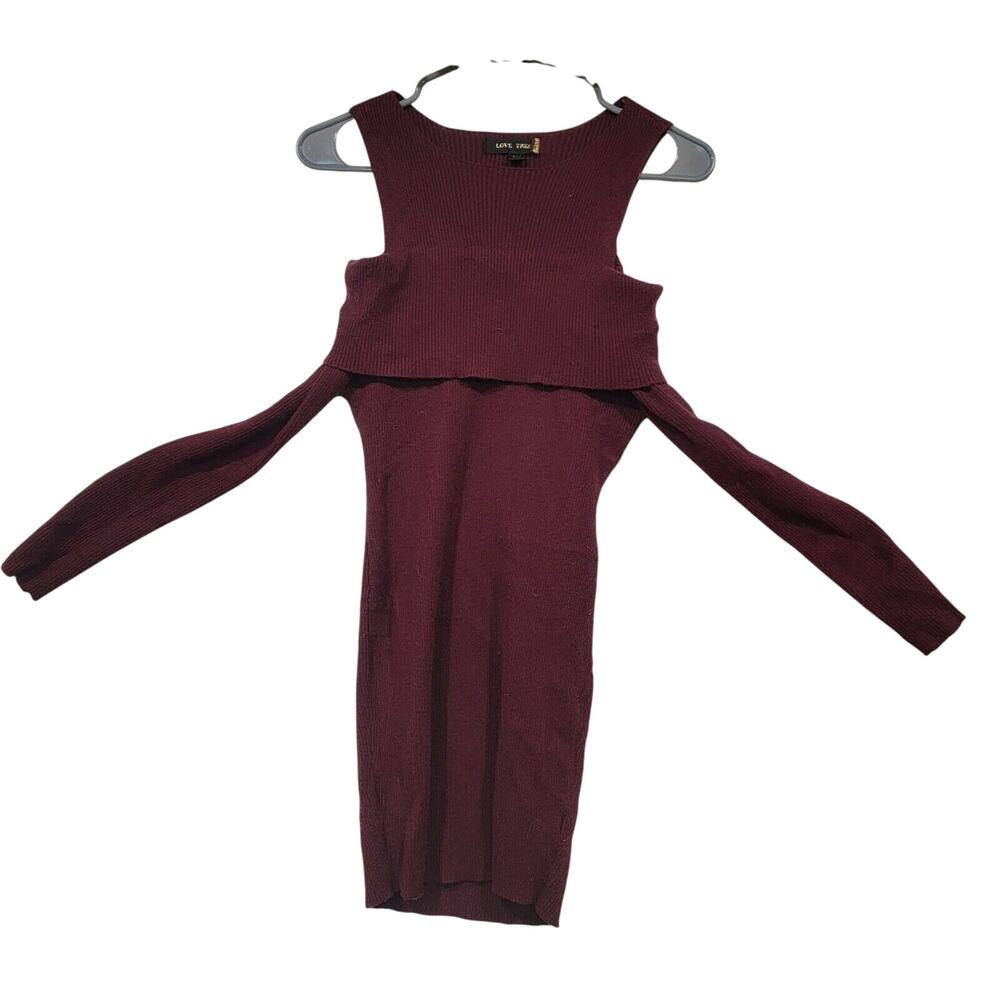 Love Tree Small Burgundy Curvy Long Sweater Folded Chest Overlay Romantic Boho